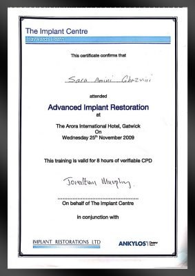 The Implant Centre Certificate